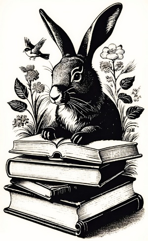 Black-and-white illustration of a hare behind a pile of four hardback books. Its paws rest on the top book, which is open. Behind it are flowers and a small bird. The images is by Maria Alvedro and is in the public domain.